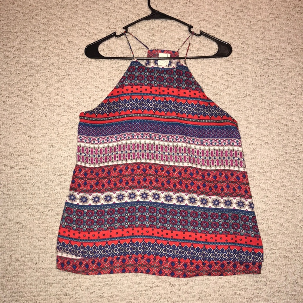 red and blue patterned tank